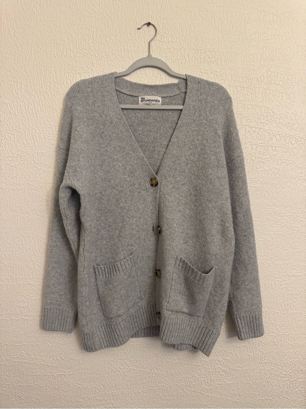 No Boundaries Gray V-Neck Button Front Cardigan
